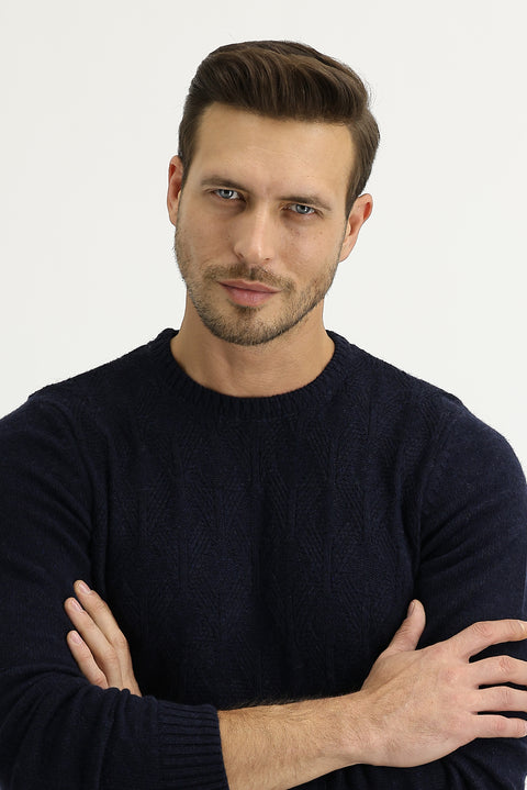 Medium Navy Crew Neck Slim Fit Narrow Cut Wool Knit Sweater