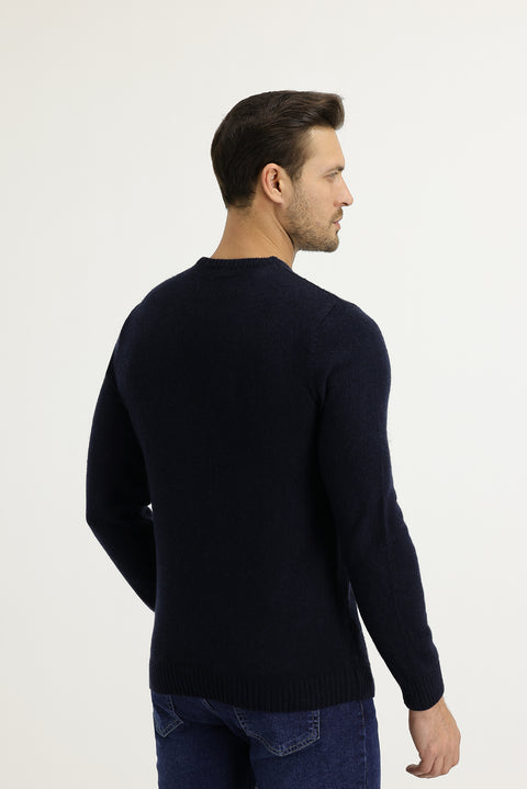 Medium Navy Crew Neck Slim Fit Narrow Cut Wool Knit Sweater