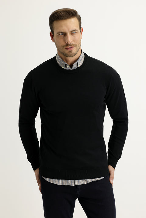 Black Crew Neck Regular Fit Knitted Sweater