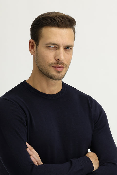 Dark Navy Crew Neck Regular Fit Knitted Sweater