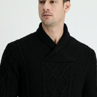 Black Shawl Collar Regular Fit Patterned Wool Knit Sweater