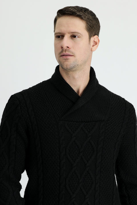 Black Shawl Collar Regular Fit Patterned Wool Knit Sweater