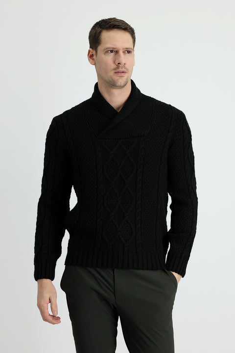 Black Shawl Collar Regular Fit Patterned Wool Knit Sweater
