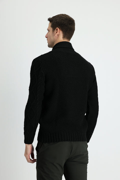 Black Shawl Collar Regular Fit Patterned Wool Knit Sweater