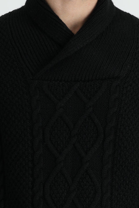 Black Shawl Collar Regular Fit Patterned Wool Knit Sweater