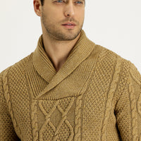 Light Camel Shawl Collar Regular Fit Patterned Wool Knit Sweater