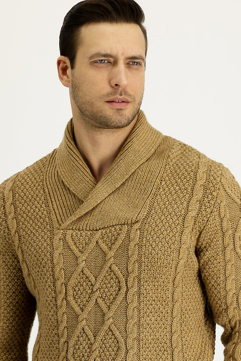 Light Camel Shawl Collar Regular Fit Patterned Wool Knit Sweater