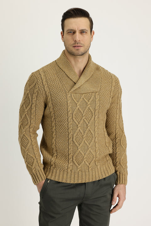 Light Camel Shawl Collar Regular Fit Patterned Wool Knit Sweater
