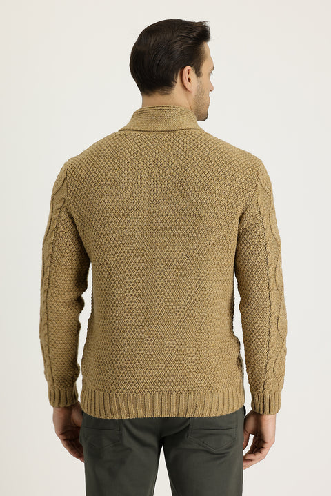 Light Camel Shawl Collar Regular Fit Patterned Wool Knit Sweater