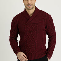 Dark Burgundy Shawl Collar Regular Fit Patterned Wool Knit Sweater