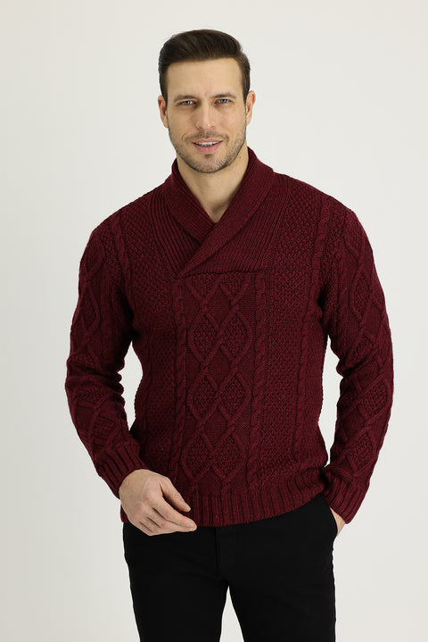 Dark Burgundy Shawl Collar Regular Fit Patterned Wool Knit Sweater