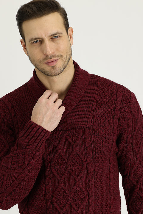Dark Burgundy Shawl Collar Regular Fit Patterned Wool Knit Sweater