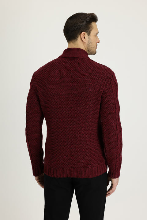 Dark Burgundy Shawl Collar Regular Fit Patterned Wool Knit Sweater
