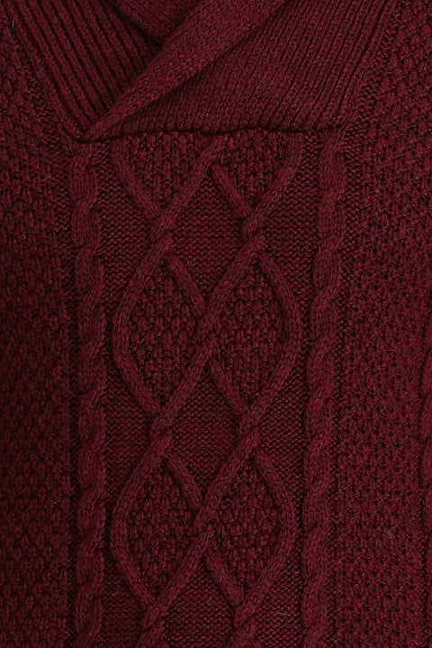 Dark Burgundy Shawl Collar Regular Fit Patterned Wool Knit Sweater