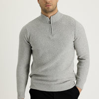 Light Grey Melange Half Turtleneck Regular Fit Zip-Up Wool Patterned Knit Sweater