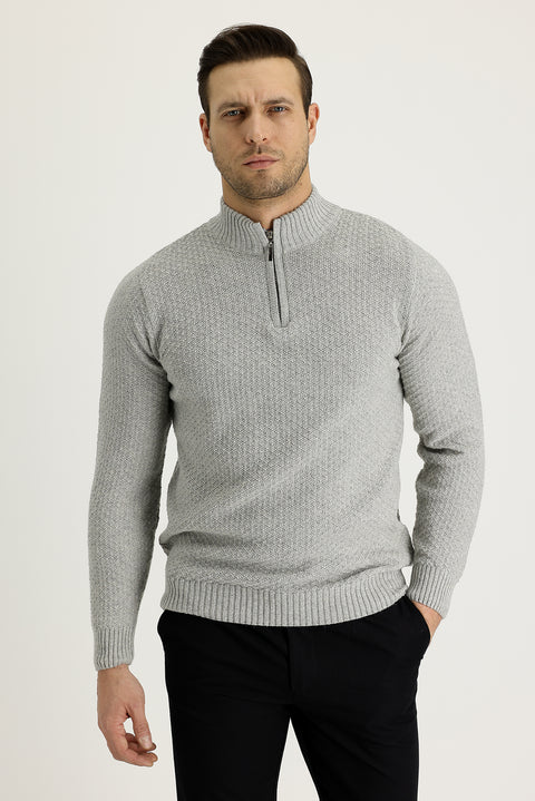 Light Grey Melange Half Turtleneck Regular Fit Zip-Up Wool Patterned Knit Sweater