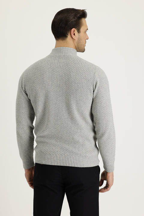 Light Grey Melange Half Turtleneck Regular Fit Zip-Up Wool Patterned Knit Sweater