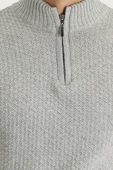 Light Grey Melange Half Turtleneck Regular Fit Zip-Up Wool Patterned Knit Sweater