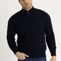 Dark Navy Half Turtleneck Regular Fit Zip-Up Wool Patterned Knit Sweater