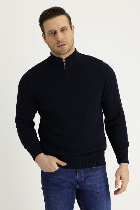 Dark Navy Half Turtleneck Regular Fit Zip-Up Wool Patterned Knit Sweater