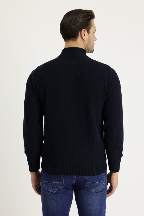 Dark Navy Half Turtleneck Regular Fit Zip-Up Wool Patterned Knit Sweater