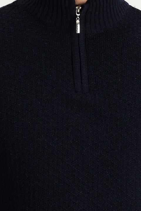 Dark Navy Half Turtleneck Regular Fit Zip-Up Wool Patterned Knit Sweater