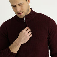 Dark Burgundy Half Turtleneck Regular Fit Zip-Up Wool Patterned Knit Sweater