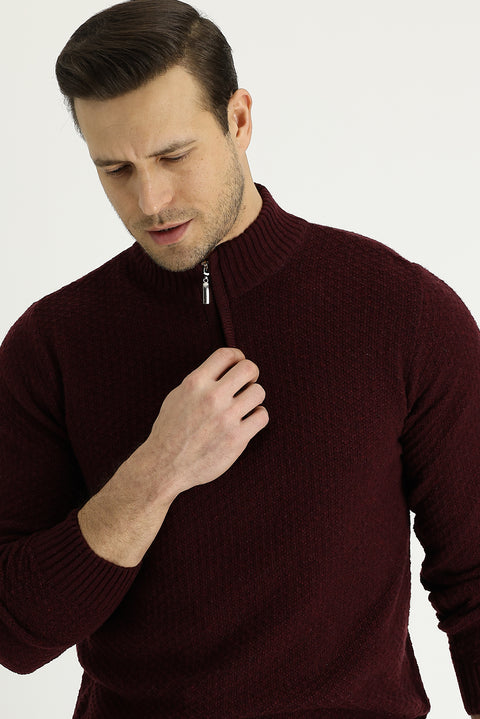Dark Burgundy Half Turtleneck Regular Fit Zip-Up Wool Patterned Knit Sweater