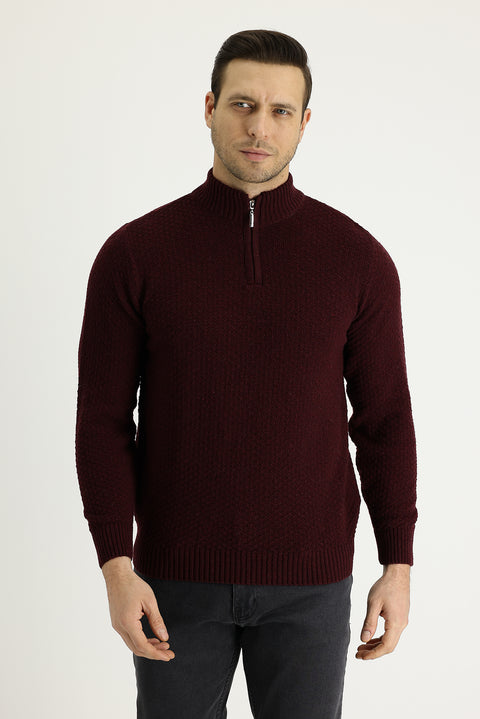Dark Burgundy Half Turtleneck Regular Fit Zip-Up Wool Patterned Knit Sweater
