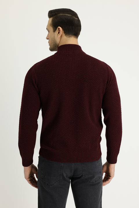 Dark Burgundy Half Turtleneck Regular Fit Zip-Up Wool Patterned Knit Sweater