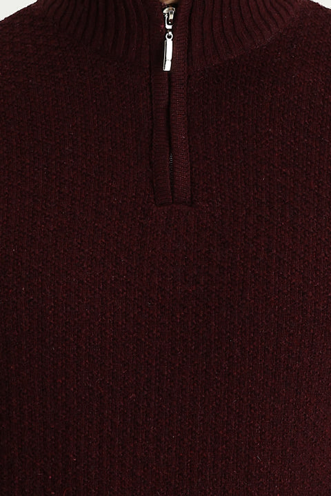 Dark Burgundy Half Turtleneck Regular Fit Zip-Up Wool Patterned Knit Sweater
