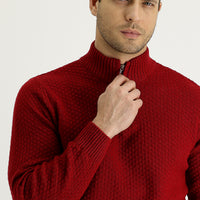Dark Red Semi-Turtleneck Zip-Up Knit Sweater