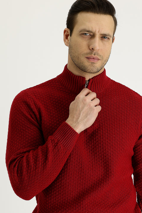 Dark Red Semi-Turtleneck Zip-Up Knit Sweater