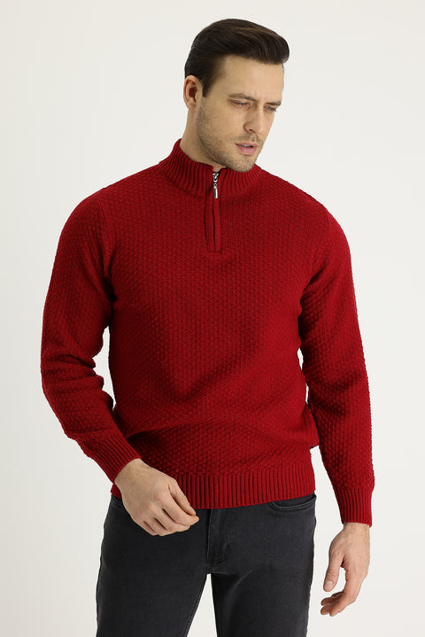 Dark Red Semi-Turtleneck Zip-Up Knit Sweater