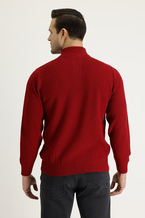 Dark Red Semi-Turtleneck Zip-Up Knit Sweater