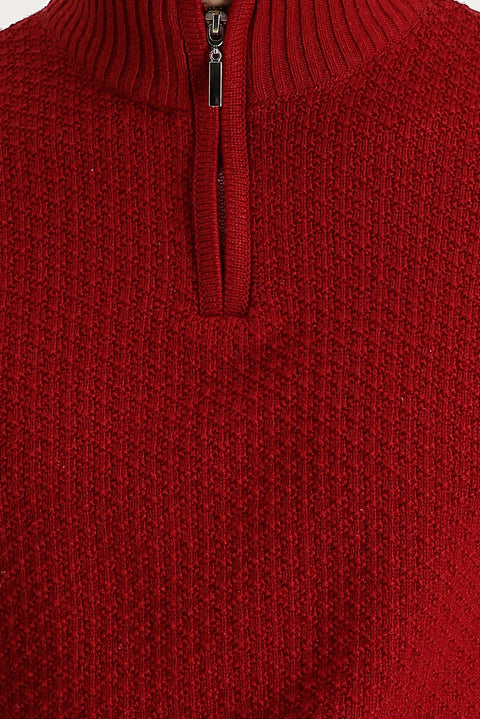 Dark Red Semi-Turtleneck Zip-Up Knit Sweater