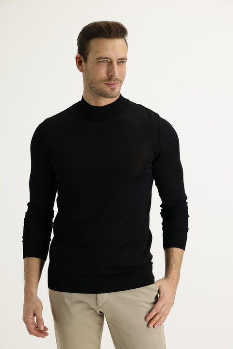 Black Semi-Turtleneck Slim Fit Narrow Cut Knit Sweater