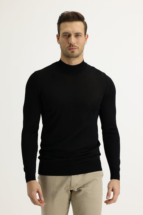 Black Semi-Turtleneck Slim Fit Narrow Cut Knit Sweater
