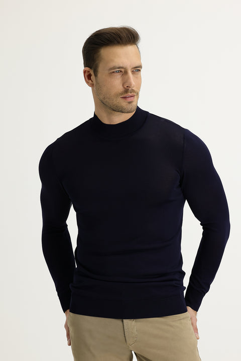 Dark Navy Semi-Turtleneck Slim Fit Narrow Cut Knit Sweater