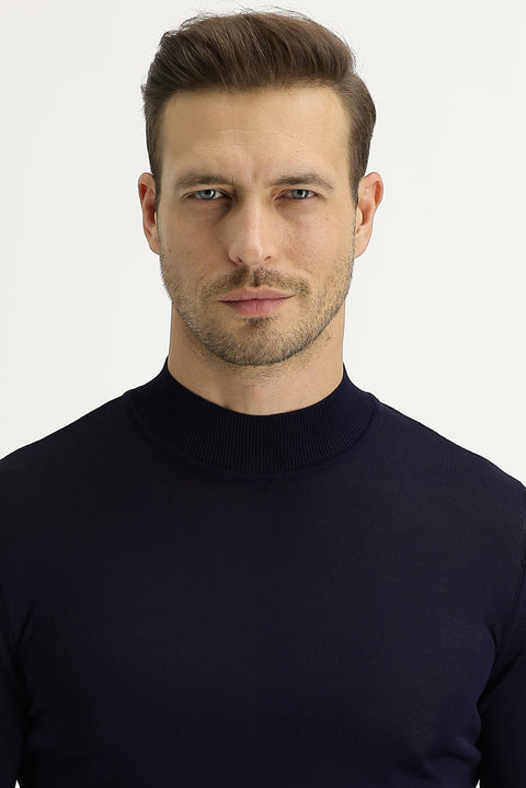 Dark Navy Semi-Turtleneck Slim Fit Narrow Cut Knit Sweater