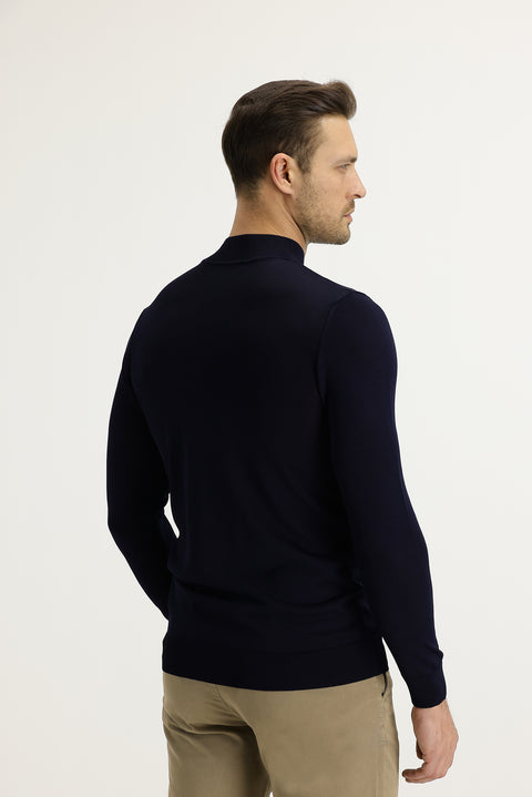 Dark Navy Semi-Turtleneck Slim Fit Narrow Cut Knit Sweater