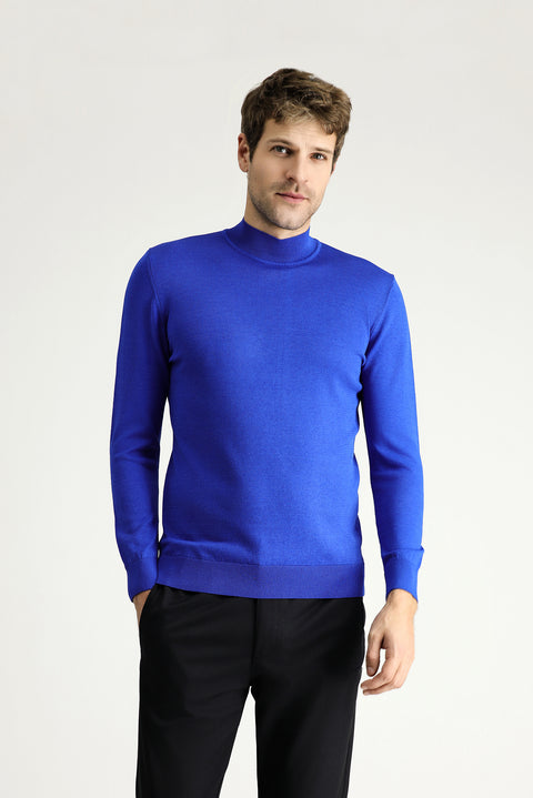 Navy Blue Semi-Turtleneck Slim Fit Narrow Cut Knit Sweater