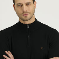 Siyah Yarım Balıkçı Yaka Slim Fit Pamuklu Triko Kazak