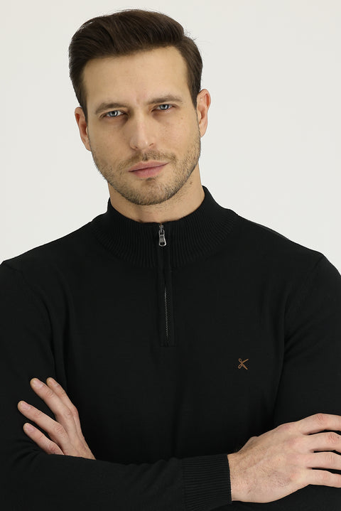 Siyah Yarım Balıkçı Yaka Slim Fit Pamuklu Triko Kazak