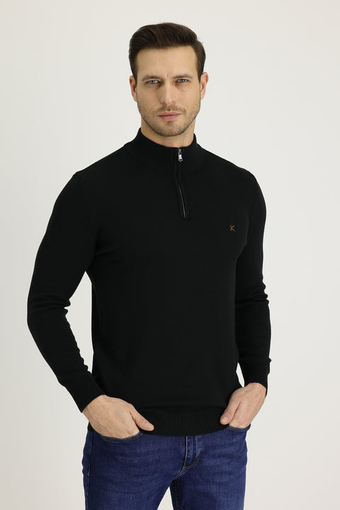 Siyah Yarım Balıkçı Yaka Slim Fit Pamuklu Triko Kazak