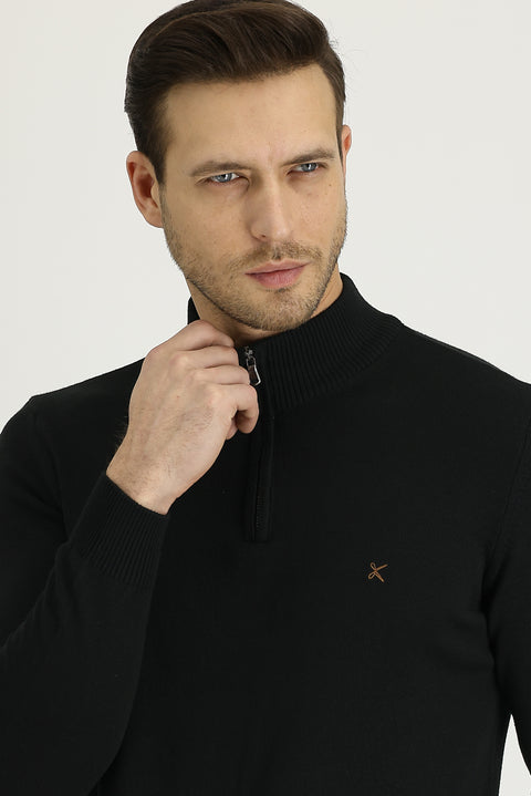 Siyah Yarım Balıkçı Yaka Slim Fit Pamuklu Triko Kazak