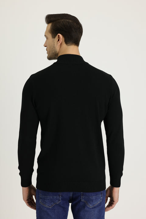 Siyah Yarım Balıkçı Yaka Slim Fit Pamuklu Triko Kazak