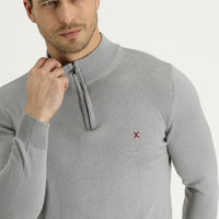 Light Grey Melange Semi-Turtleneck Slim Fit Narrow Cut Zipper Embroidered Cotton Knit Sweater
