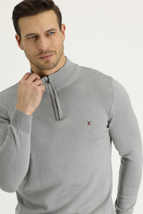 Light Grey Melange Semi-Turtleneck Slim Fit Narrow Cut Zipper Embroidered Cotton Knit Sweater