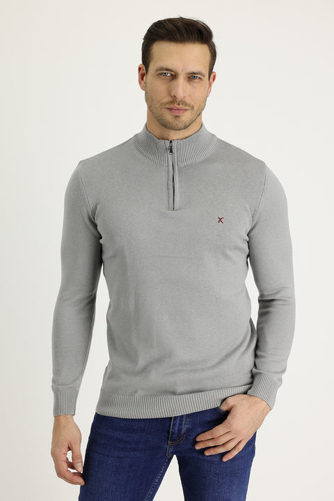 Light Grey Melange Semi-Turtleneck Slim Fit Narrow Cut Zipper Embroidered Cotton Knit Sweater